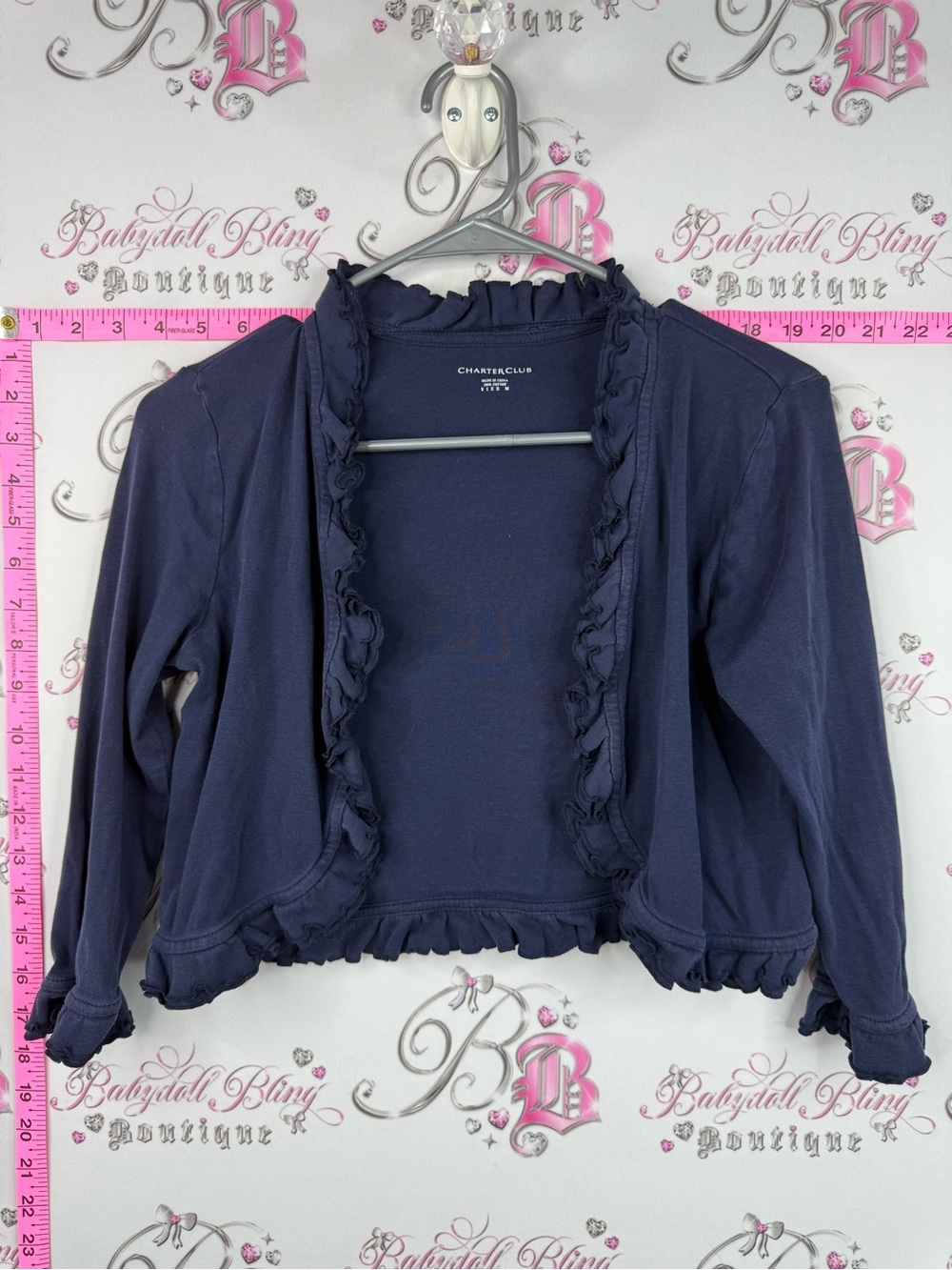 Charter Club cardigan shrug cropped blue frilly Navy Ruffle-Trim Bolero Shrug
